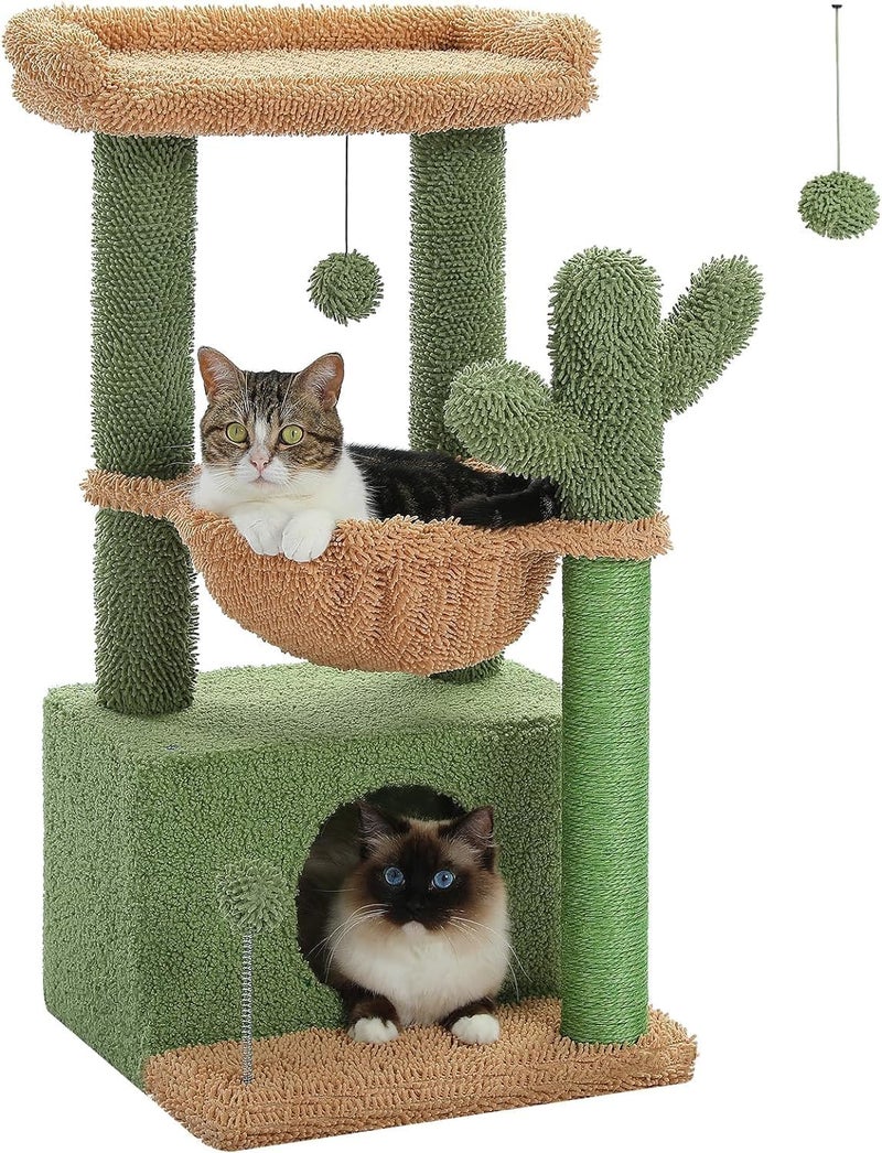 LOYAL RAIN 4-in-1 84 cm Cactus Cat Tree, 33''Cat Tower for Indoor Cats with Large Cat Condo, Cat Scratching Post for Cats with Deep Hammock& Cozy Top Perch, Green - Image 1
