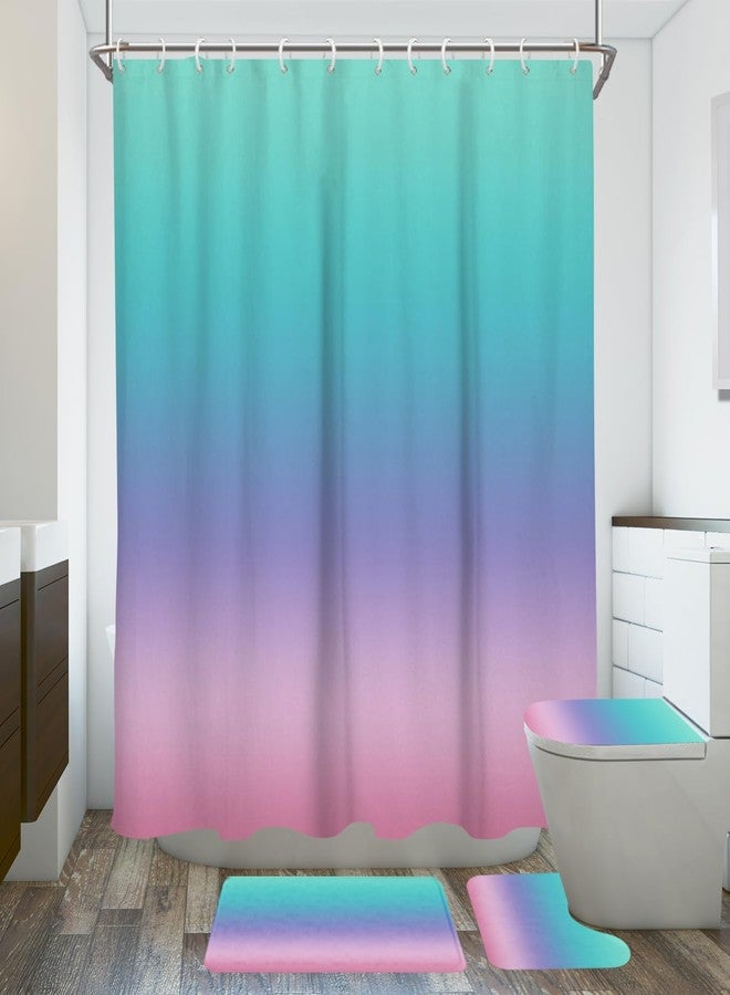 EGLGCC Pink Kids Shower Curtain Bathroom Sets Girls Cute Purple Teal Ombre Colorful Pastel Girly Women Nursery Toddler Preppy Turquoise 60"x72" Non-Slip Rugs Toilet Lid Cover U Shaped Mat Fabric 4 Pcs - Image 1