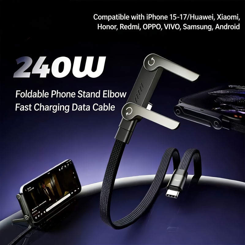 240W Fast Charging Cable Foldable Phone Holder 2 in 1 Grayish Black 100cm - Image 3