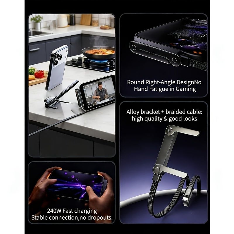 240W Fast Charging Cable Foldable Phone Holder 2 in 1 Grayish Black 100cm - Image 5