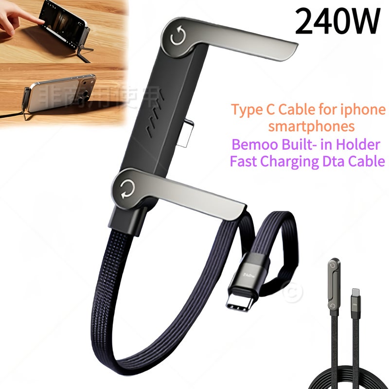 240W Fast Charging Cable Foldable Phone Holder 2 in 1 Grayish Black 100cm - Image 1