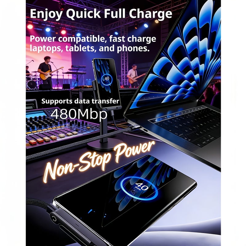 240W Fast Charging Cable Foldable Phone Holder 2 in 1 Grayish Black 100cm - Image 4