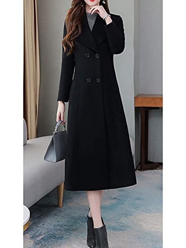 ebossy Women's Shawl Collar Double Breasted Below Knee Slim Wool Trench Long Coat (Large, Black) - Image 3