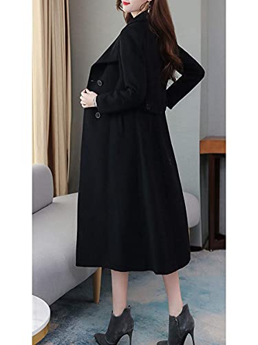 ebossy Women's Shawl Collar Double Breasted Below Knee Slim Wool Trench Long Coat (Large, Black) - Image 4