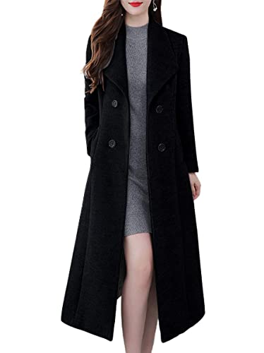 ebossy Women's Shawl Collar Double Breasted Below Knee Slim Wool Trench Long Coat (Large, Black) - Image 1