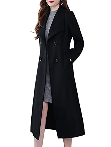 ebossy Women's Shawl Collar Double Breasted Below Knee Slim Wool Trench Long Coat (Large, Black) - Image 2