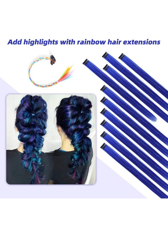 رينبوول وصلات شعر زرقاء من رينبول، 22 بوصة، 10 قطع طويلة ومستقيمة وملونة، مناسبة للأطفال والفتيات والنساء، للحفلات المميزة، مصنوعة من مادة صناعية - Image 2