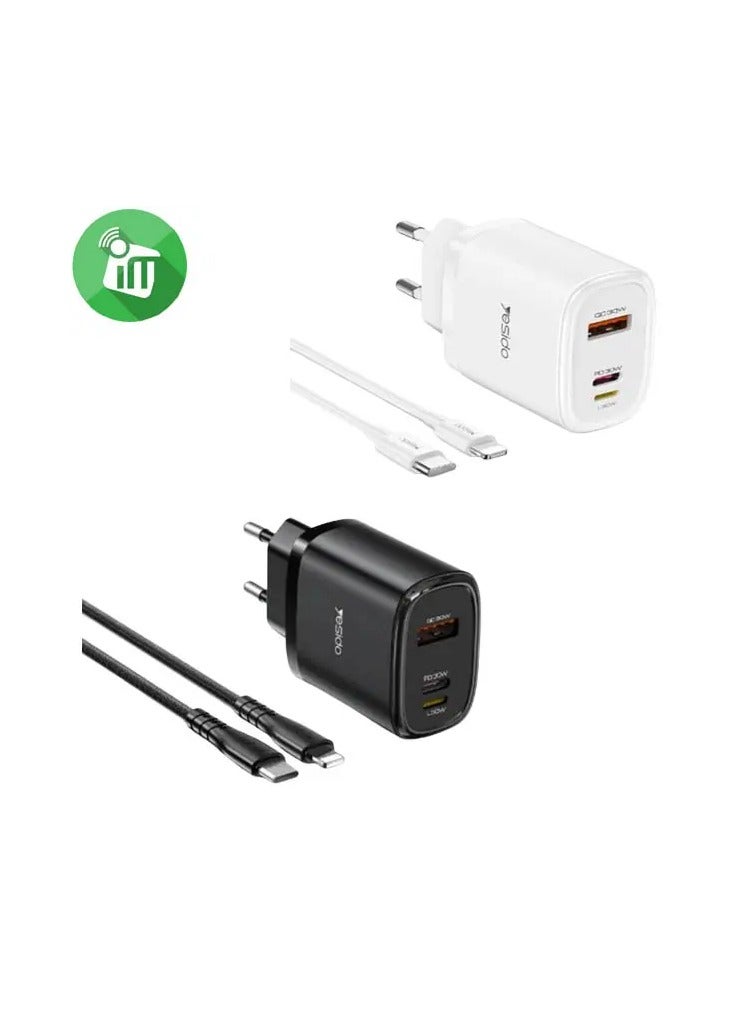 Yesido Yesido YC52 Triple Port Fast Charger with Lightning, Type-C and USB Ports, Includes Type-C and Lightning Cables for Charging Universal Devices  - Image 2