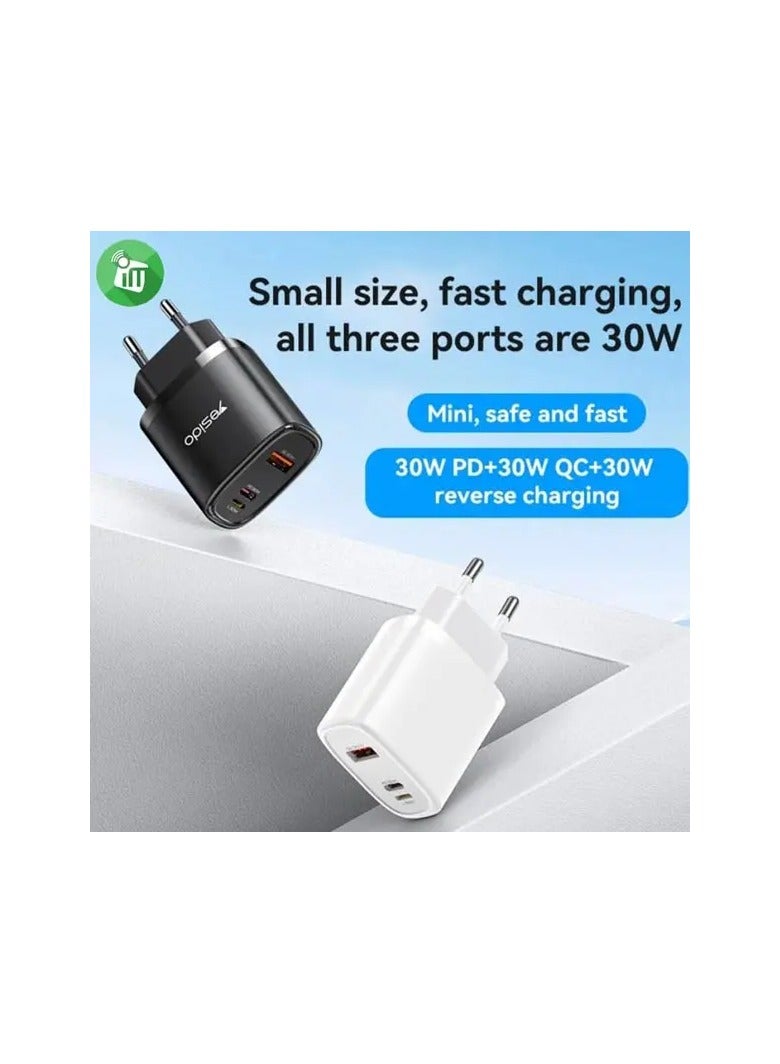 Yesido Yesido YC52 Triple Port Fast Charger with Lightning, Type-C and USB Ports, Includes Type-C and Lightning Cables for Charging Universal Devices  - Image 4