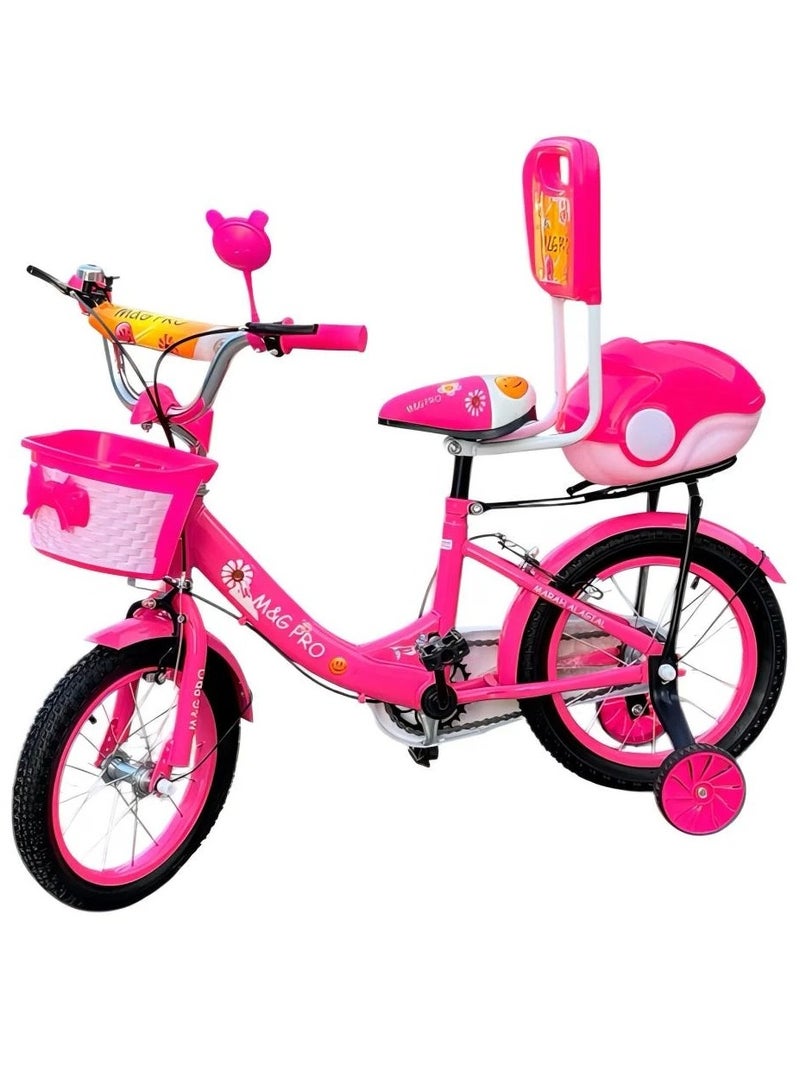 ام اند جي دراجة وردية للبنات مقاس 14 بوصة مع سلة أمامية ومقعد خلفي - عجلات تدريب للأطفال من سن 3 إلى 6 سنوات - Image 2