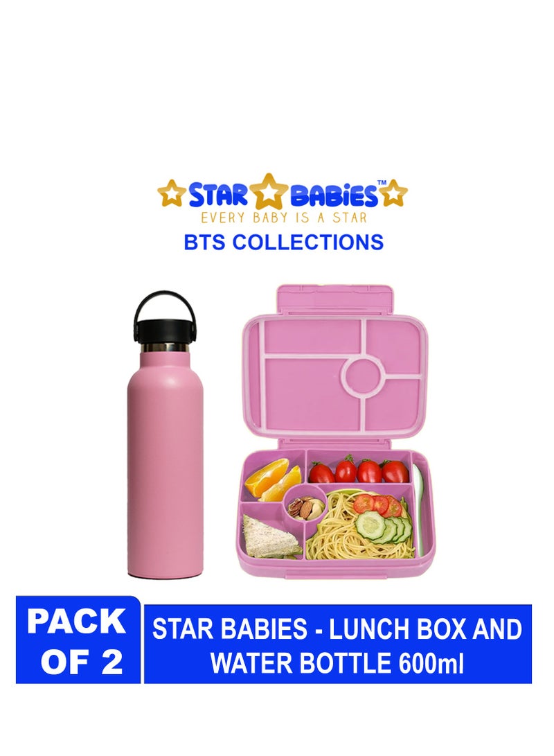 STAR BABiES Star Babies BTS Collections - Lunch Box with 4 Compartments, BPA Free, Leakproof, Insulated Stainless Water Bottle with Carry Cap & Sports Cap 600ml - Pack of 2 -  Pink - Image 2