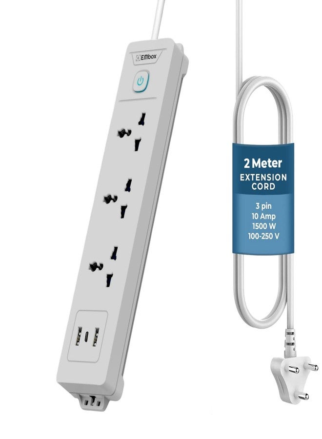 EMBOX لوحة تمديد EMBOX مزودة بمنفذ USB (2.4 أمبير) من النوع C | مفتاح رئيسي، حماية من ارتفاع التيار المفاجئ، مقابس عالمية 6 أمبير، مؤشر LED، 1500 واط، سلك تمديد بطول مترين - Image 1