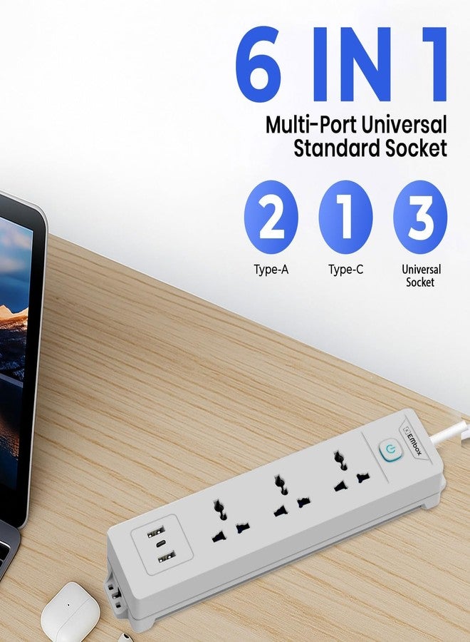 EMBOX لوحة تمديد EMBOX مزودة بمنفذ USB (2.4 أمبير) من النوع C | مفتاح رئيسي، حماية من ارتفاع التيار المفاجئ، مقابس عالمية 6 أمبير، مؤشر LED، 1500 واط، سلك تمديد بطول مترين - Image 2