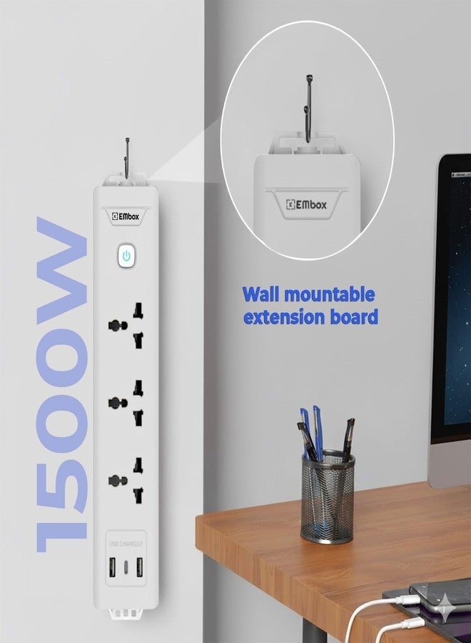 EMBOX لوحة تمديد EMBOX مزودة بمنفذ USB (2.4 أمبير) من النوع C | مفتاح رئيسي، حماية من ارتفاع التيار المفاجئ، مقابس عالمية 6 أمبير، مؤشر LED، 1500 واط، سلك تمديد بطول مترين - Image 3