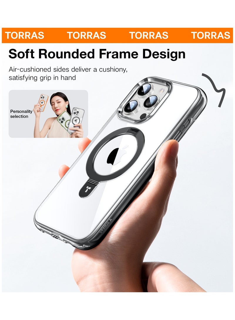 TORRAS 360° Encircling Air Cushion Ultra Protection, Magnetic Ostand SS Air Designed for iPhone 15 Pro Case, Compatible with MagSafe, Horizontal/Vertical Kickstand, Clear Slim Hard Back Soft Edge Anti-Yellowing Technology, Black black - Image 3