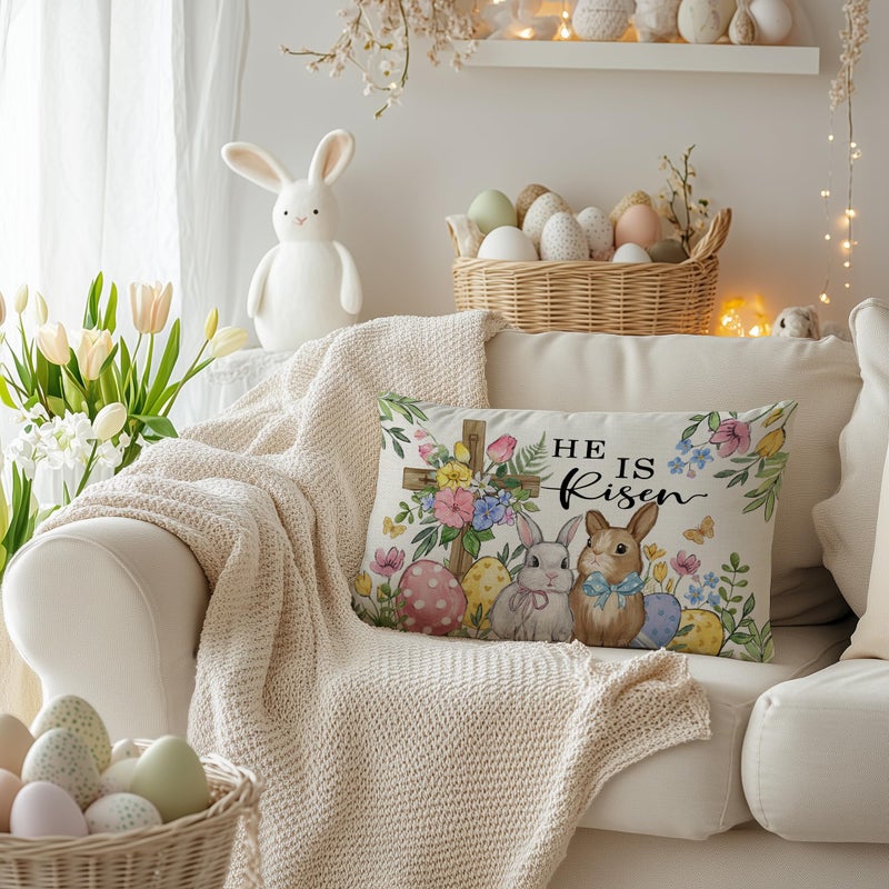 AACORS Easter Pillow Cover 12x20 Inch Cross Bunny Eggs Floral Decorative Pillow Case Holiday Party Decorations for Home Sofa Couch AA694-12 - Image 3