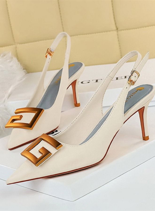 BIGTREE Pointed Back Strap Metal Square Buckle High Heels 7CM White  - Image 2