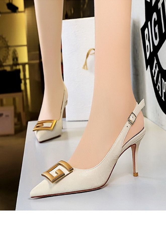 BIGTREE Pointed Back Strap Metal Square Buckle High Heels 7CM White  - Image 1