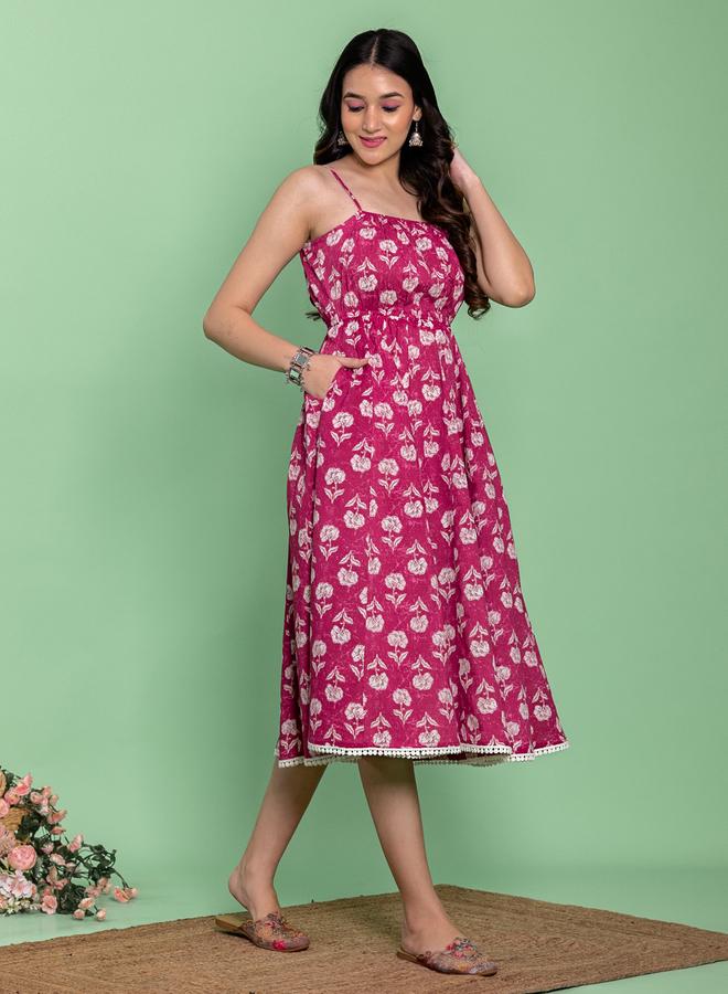 KASYA Pink Cotton Floral Printed Flared Midi Dress - Image 4