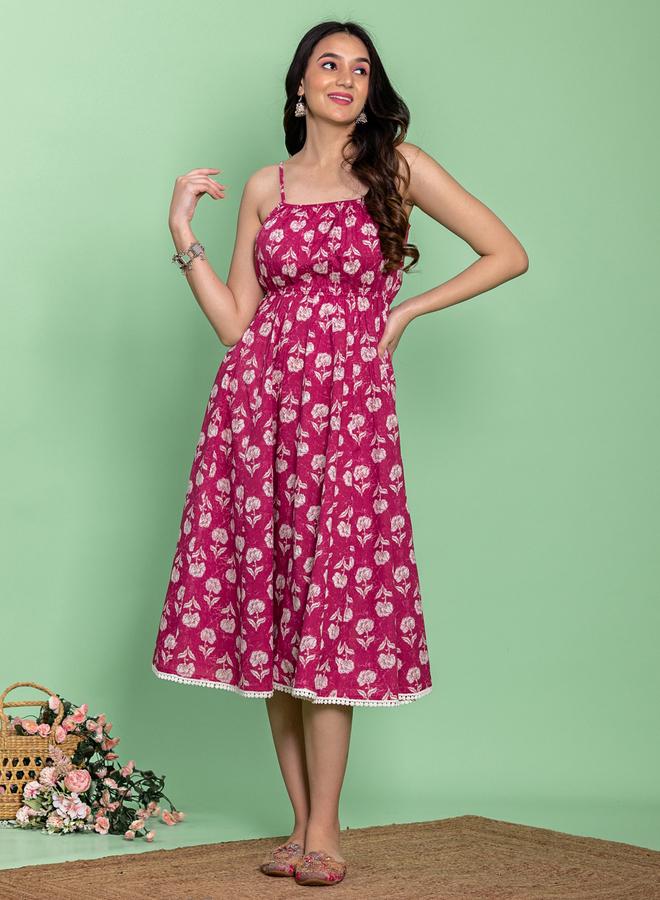 KASYA Pink Cotton Floral Printed Flared Midi Dress - Image 3