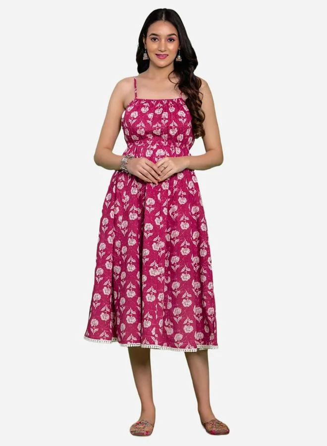 KASYA Pink Cotton Floral Printed Flared Midi Dress