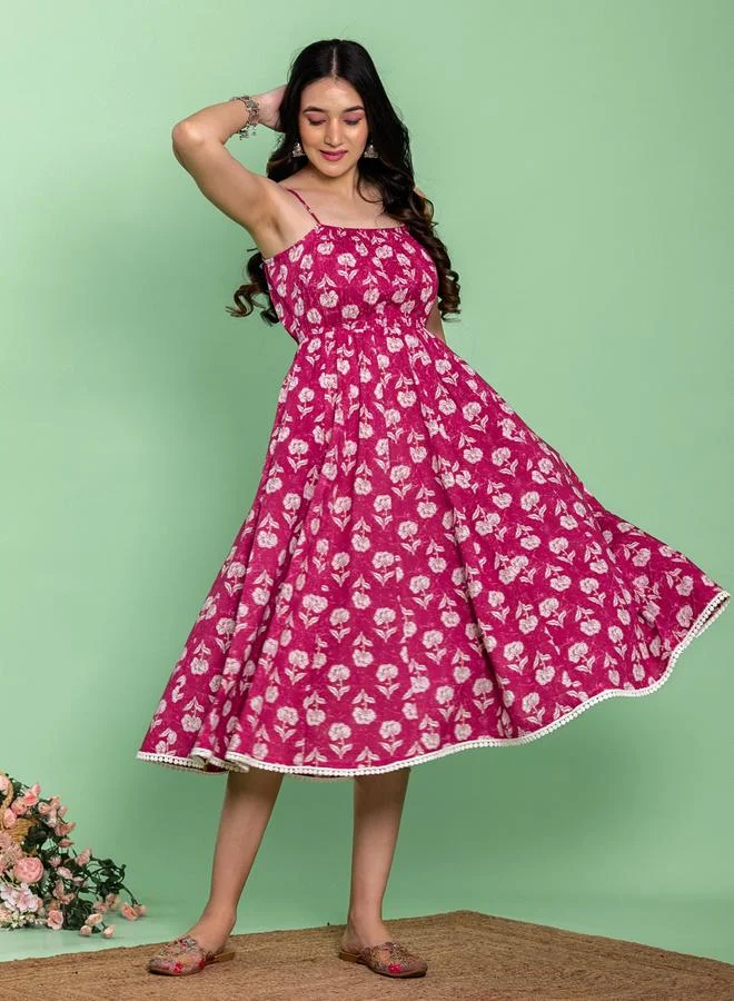 KASYA Pink Cotton Floral Printed Flared Midi Dress
