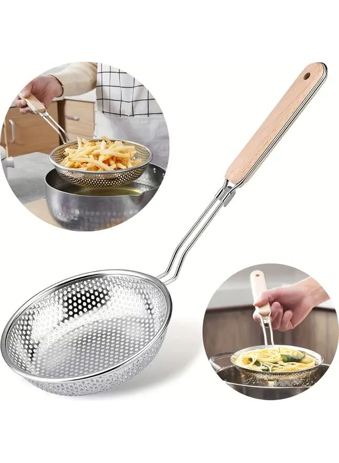 Stainless Steel Slotted Spoon With Wooden Handle 1pc Fine Mesh For Cooking Oil Filtration - Image 5