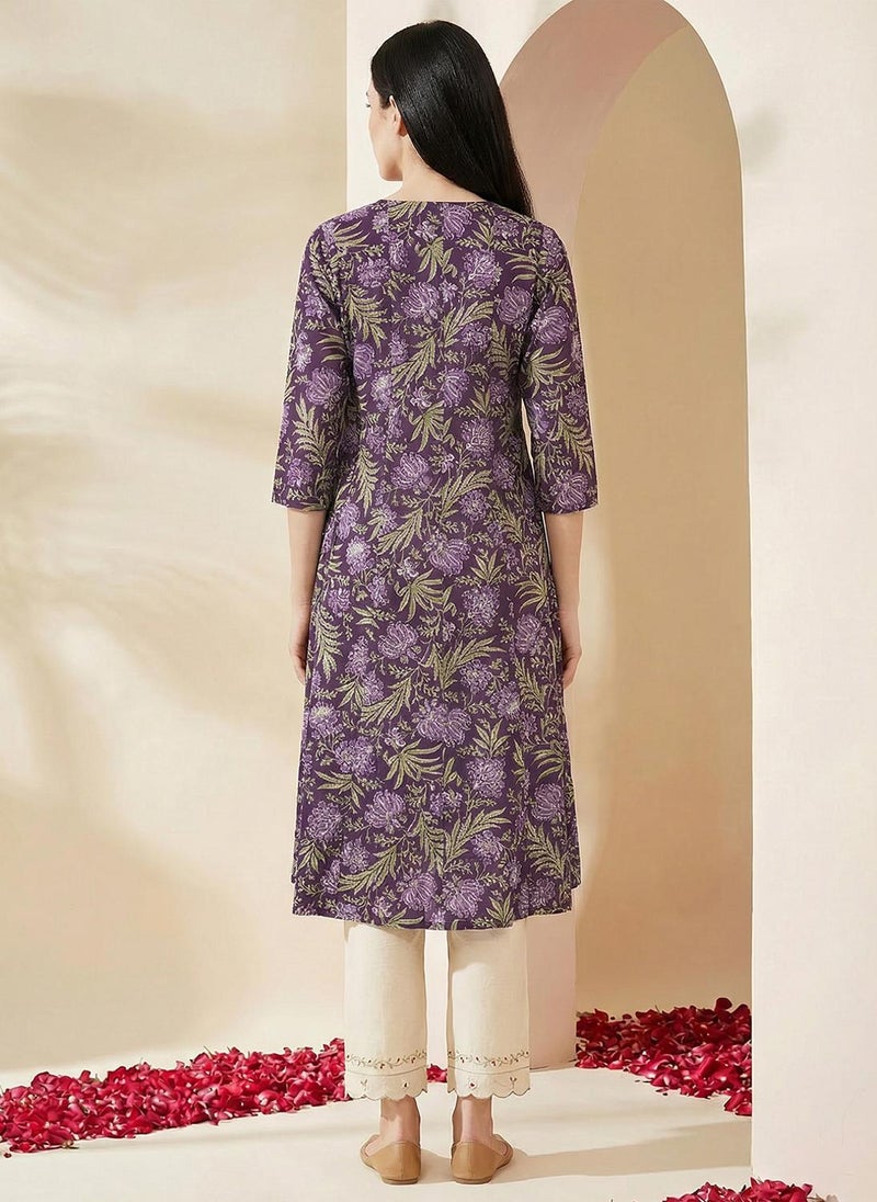 Globus Women's Purple Floral Angrakha A-Line Kurta with Wrap V-Neck - Image 4