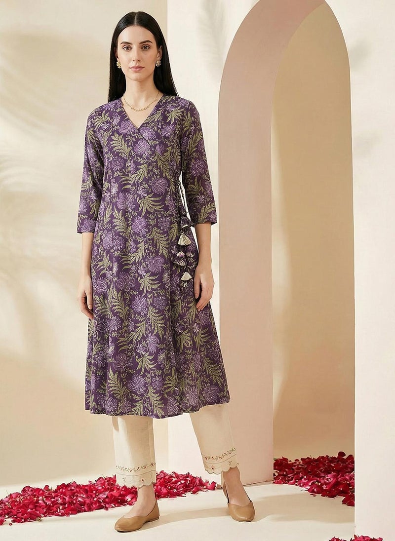 Globus Women's Purple Floral Angrakha A-Line Kurta with Wrap V-Neck - Image 1