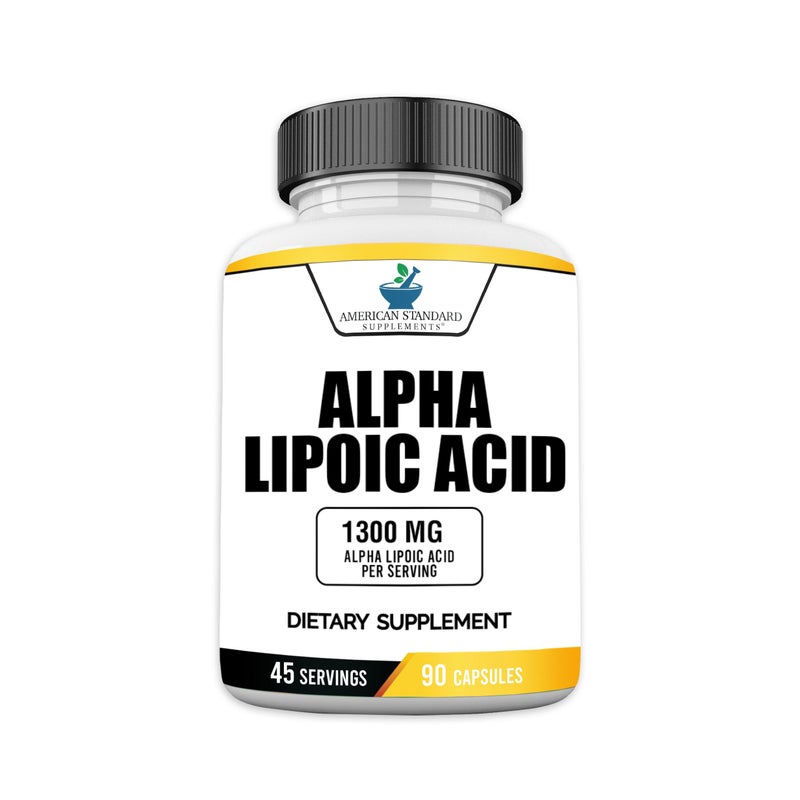 American Standard Supplements Alpha Lipoic Acid 1300mg Per Serving Vegan Gluten Free NonGMO 90 Capsules 45 Servings