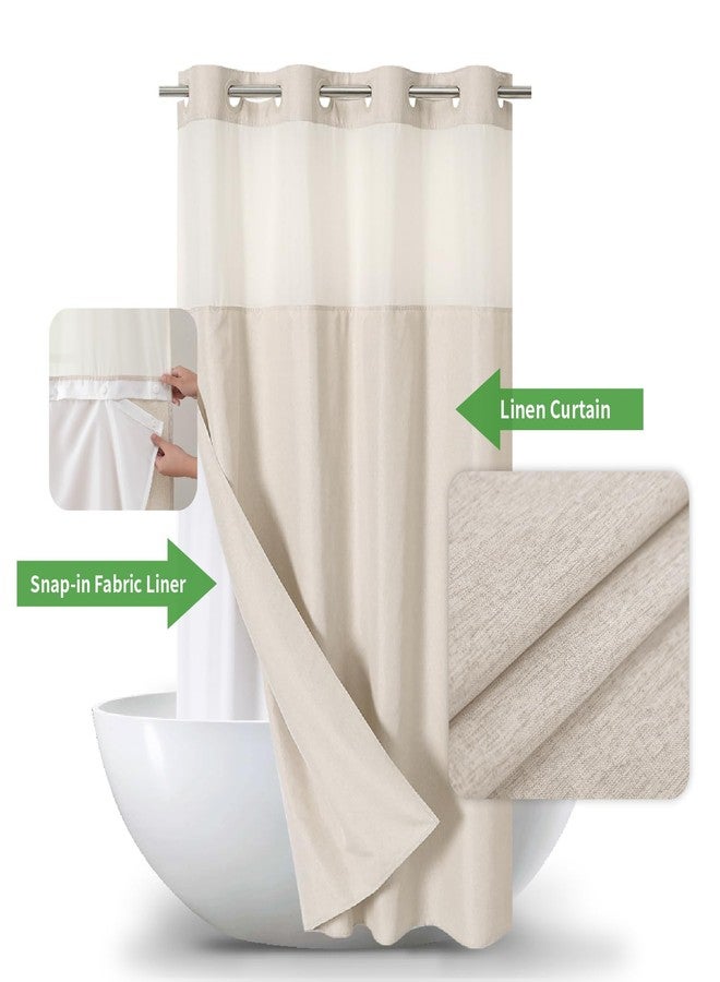 eachope Stall No Hooks Needed Linen Textured Shower Curtain with Snap-in Fabric Liner Set,Hotel Luxury Decor Shower Curtains for Bathroom,Waterproof & Washable,54Wx80H,Cream - Image 2