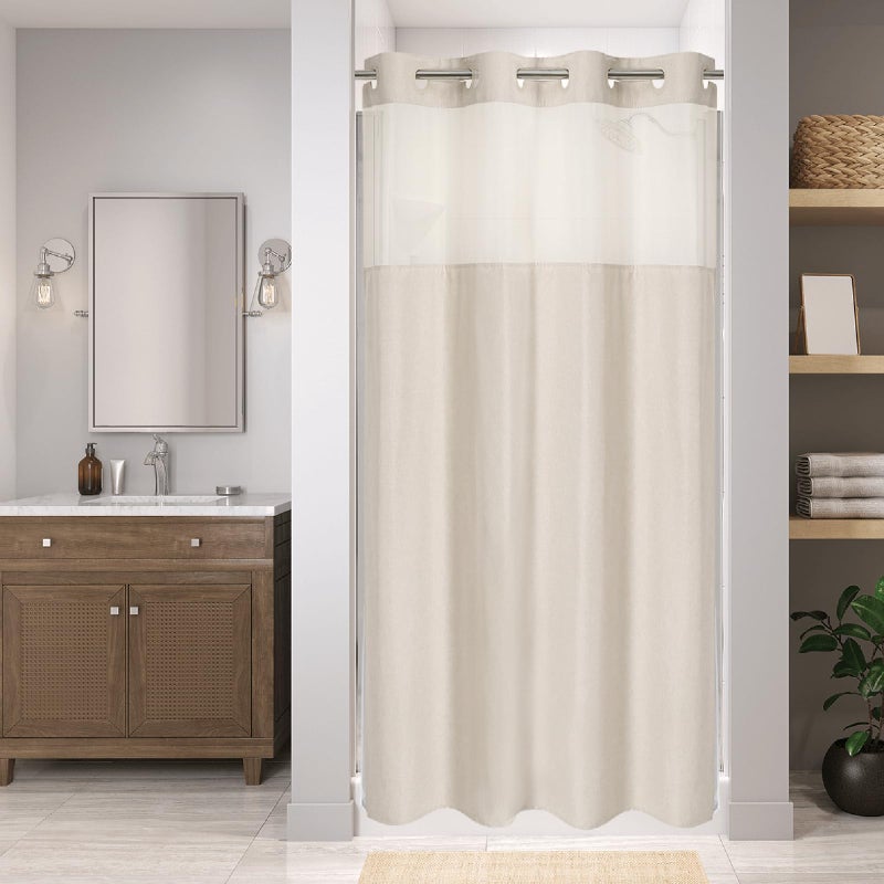 eachope Stall No Hooks Needed Linen Textured Shower Curtain with Snap-in Fabric Liner Set,Hotel Luxury Decor Shower Curtains for Bathroom,Waterproof & Washable,54Wx80H,Cream - Image 1