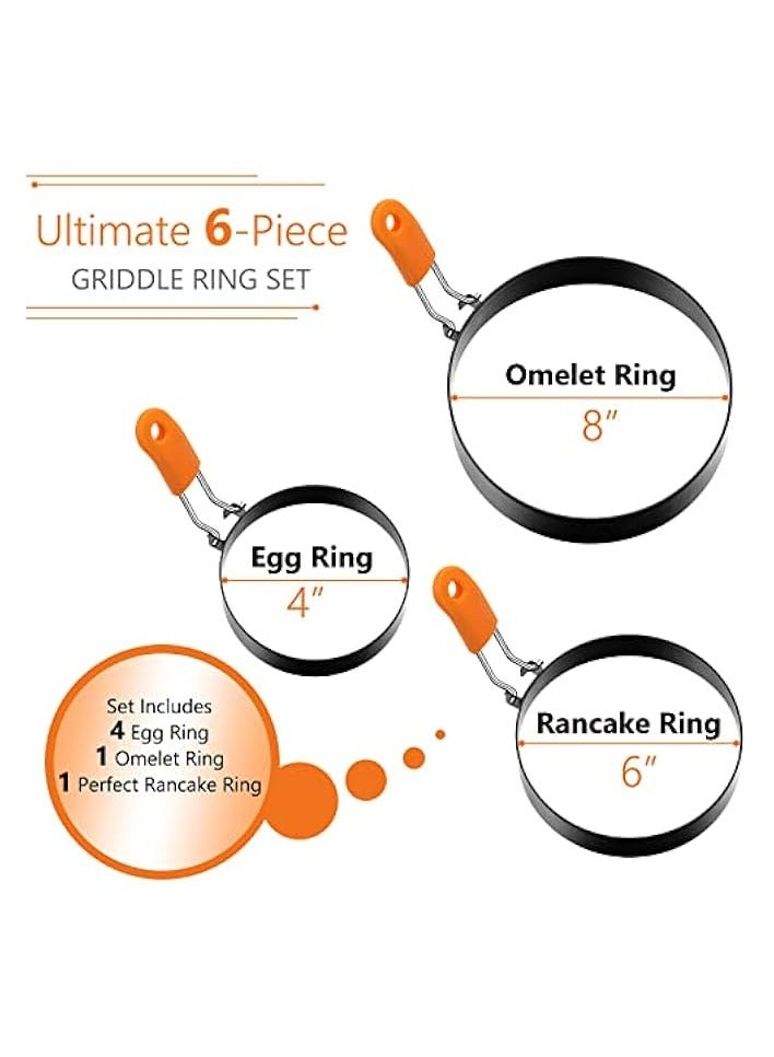 erorex 6 Pcs Professional Egg Ring Pancake Ring Set Stainless Steel Fried Egg Ring Griddle Pancake Shapers with Silicone Handle for Breakfast Omelette Sandwich  - Image 3