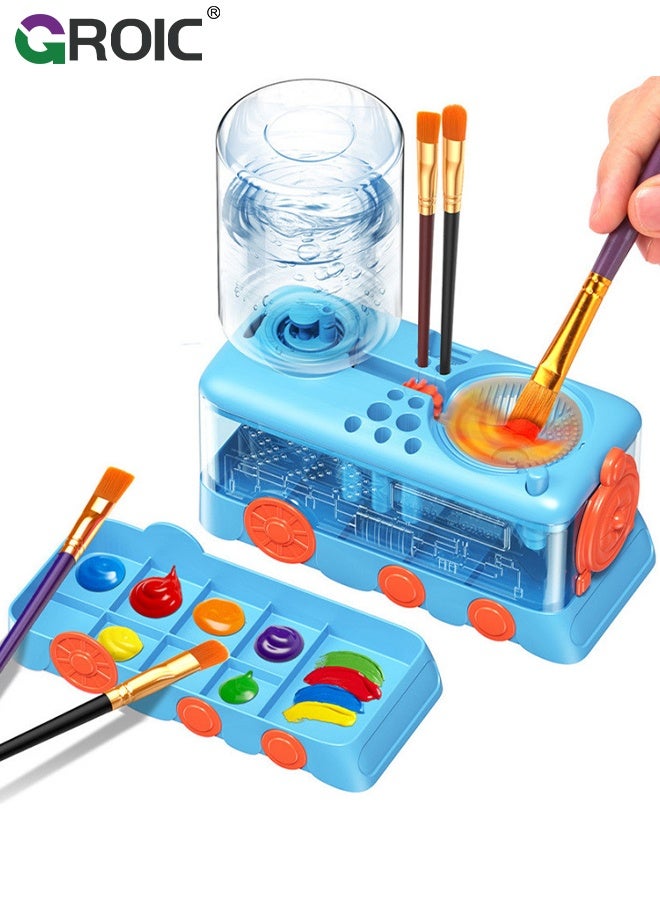 GROIC Paint Brush Cleaner Tool, Train-Shaped, Brush Rinser Cup, Water Circulation, Art Supplies for Acrylic,Watercolor and Water Based, Creative Gift for Adult Artist Beginners Kids - Blue - Image 1