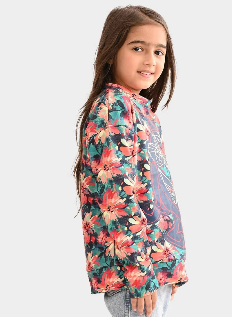 Bonkids Regular Fit Printed White And Multicolour Cotton Sweatshirt For Girls Round Neck Flat Collar Pull On 100 % Cotton
