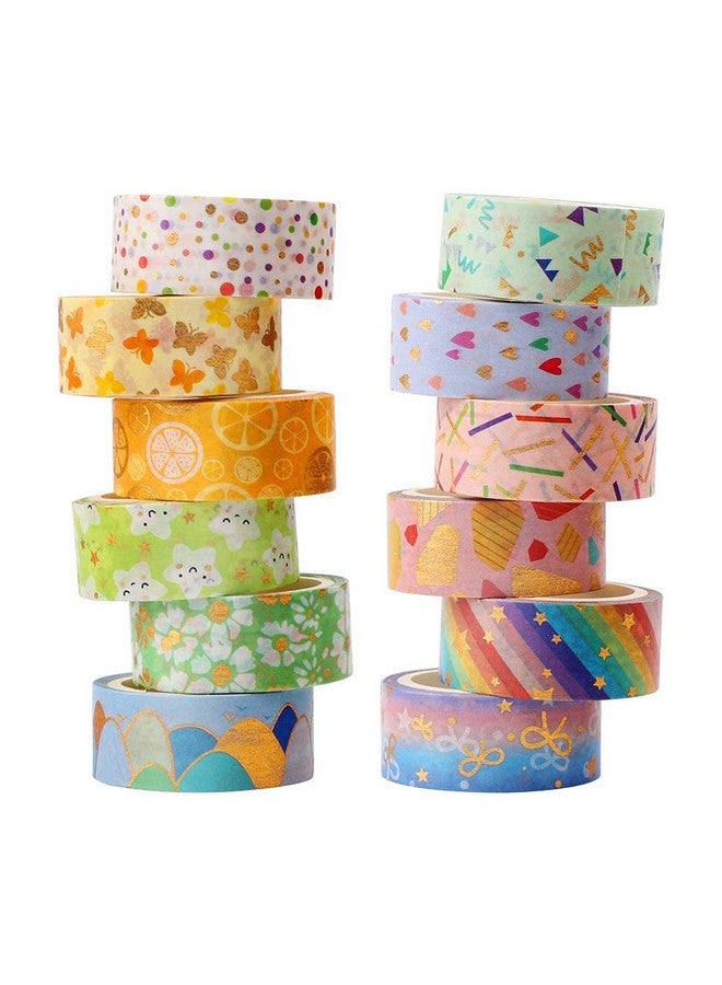 HASTHIP® 12 Rolls Cute Gold Foil Flower Decorative Masking Tape Scrapbooking Tape for DIY Art & Crafts and Gift Wrapping Holiday Decoration (Yellow) - Image 1