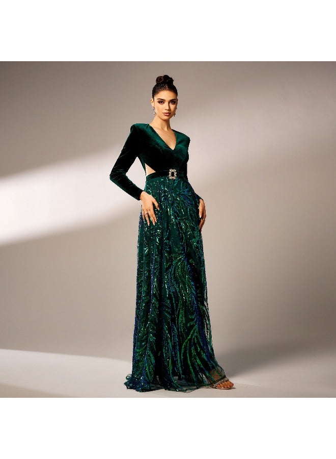 Elegant Dark Green Velvet - Sequin Gown, High Slit & V - Neck, Formal Evening Dress