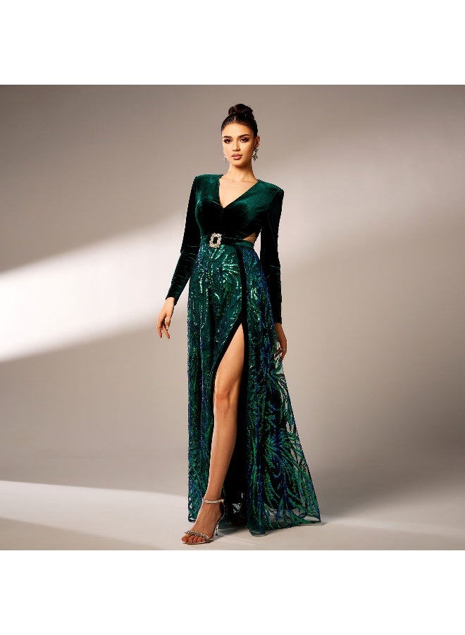 Elegant Dark Green Velvet - Sequin Gown, High Slit & V - Neck, Formal Evening Dress
