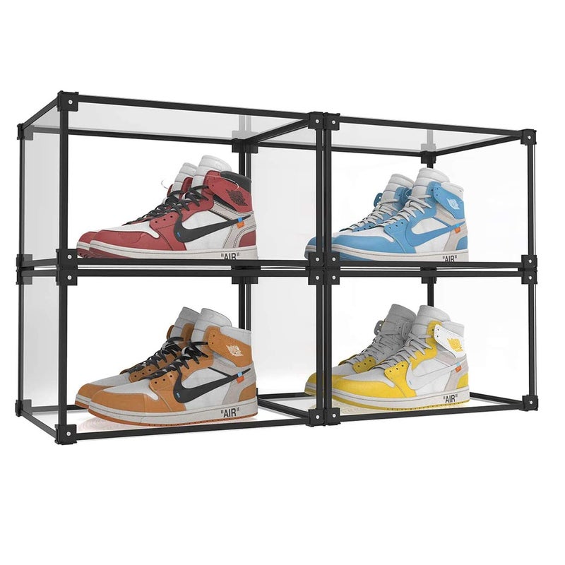 KOKOIN Magnetic Side Open Transparent Plastic Storage Shoe Box Clear Shoe Display Case Sneaker Shoe Storage Box Display Box Shoe Container Clear Closet Shelf Shoe Organizer Black 4PC
