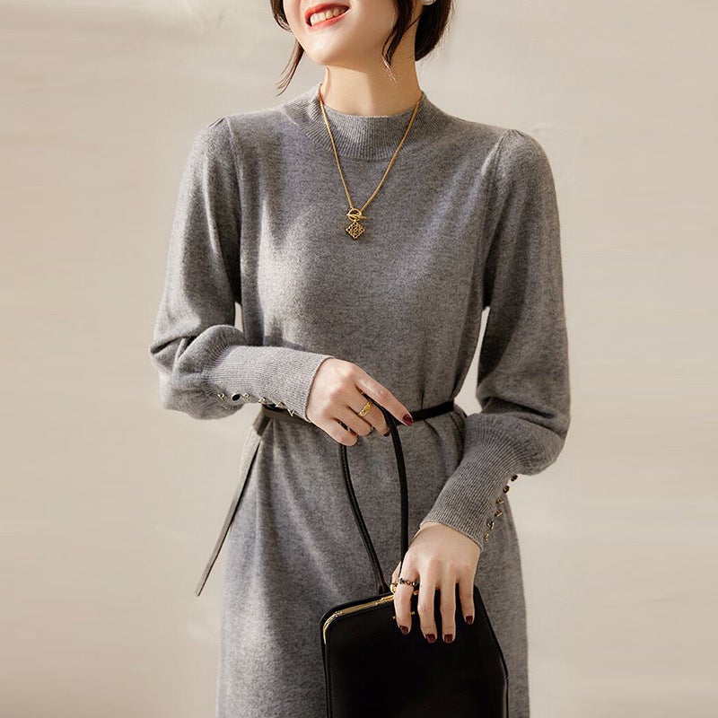 French style light mature style inner pullover knitted dress womens clothing 2023 Winter new waist-tight bottoming sweater skirt Black - Image 2
