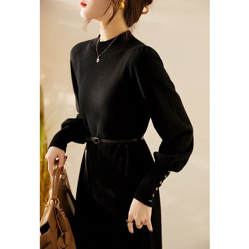 French style light mature style inner pullover knitted dress womens clothing 2023 Winter new waist-tight bottoming sweater skirt Black - Image 1