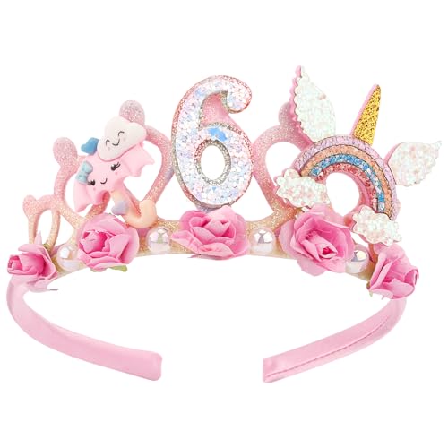 SuPoo 6th Birthday Headband Flower Crown for Girls Princess Tiara Decorations Hair Band Cute 6 Year Old Party Accessory - Image 1