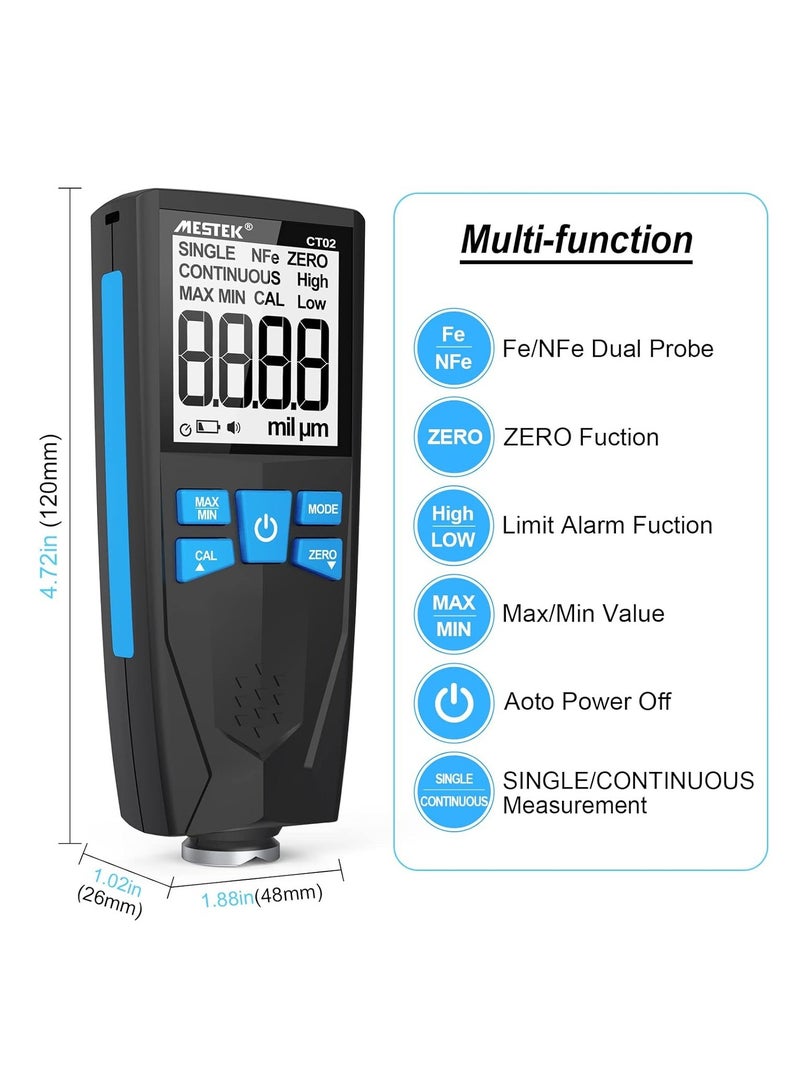 MESTEK Paint Thickness Gauge MESTEK Digital Car Coating Thickness Gauge Tester, Paint Mil Thickness Meter Gauge Large LCD with Backlight, Resolution 0.01mils Automatic F/NF - Image 2