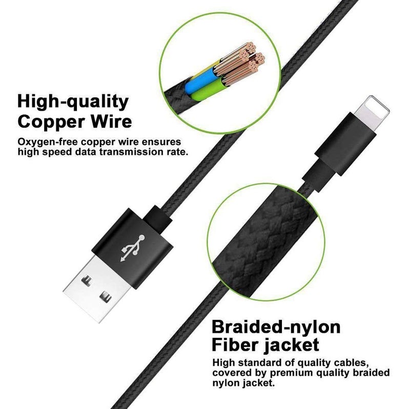 RoFI Compatible Phone Cable, [2Pack] 2FT Nylon Braided Fast Charging USB Cord Replacement for Phone X 8 8 Plus 7 7 Plus 6s 6s Plus 6 6 Plus 5 5S 5C SE Pad Air Mini and More (2 Pack Black, 2 FT) - Image 3