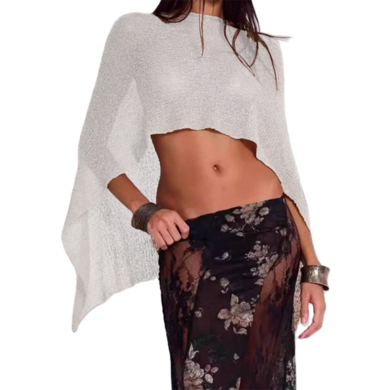 Women Sheer Poncho Top Lightweight Knit Crochet Shrug Bolero Mesh Batwing Sleeve Sweater Cover Up Beachwear