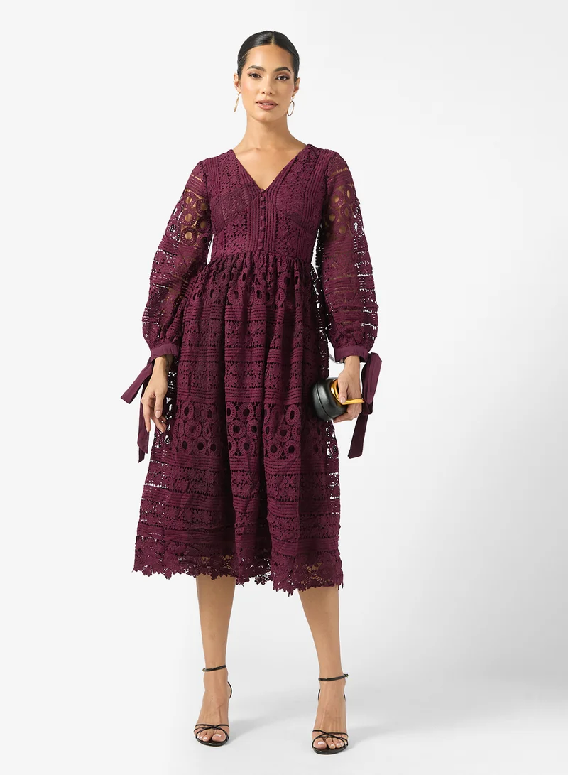 Frock and Frill Lace Detail V-Neck Midi Dress