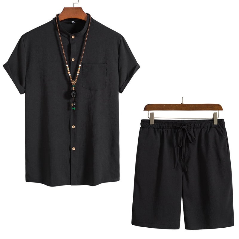 2023 summer mens Chinese style short sleeve retro shirt solid color beach pants shorts suit Black