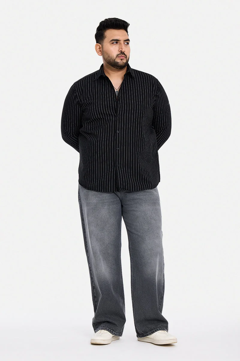 سنيتش Black Striped Long Sleeve Regular Fit Casual Plus Size Shirt