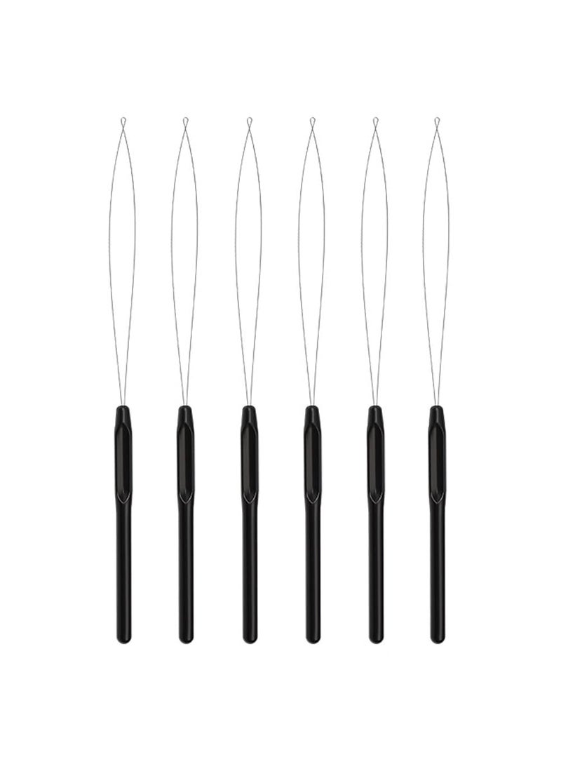 Teensery 6 Pcs Hair Extension Loop Needle Threader Pulling Hook Bead Device Tool with Plastic Handle for Hair or Feather Extensions Black 