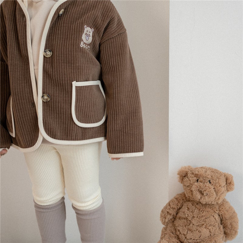 Baby Girls Coat Childrens Autumn Single-breasted Cardigan South Korea Childrens Wear Embroidered Bear Corduroy Little Mens Treasure Autumn Wear brown coat - Image 4